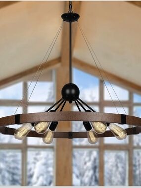 Klgxnrd 31.5"‎ Farmhouse Wagon Wheel Chandelier 6-Light Rustic Black Rust